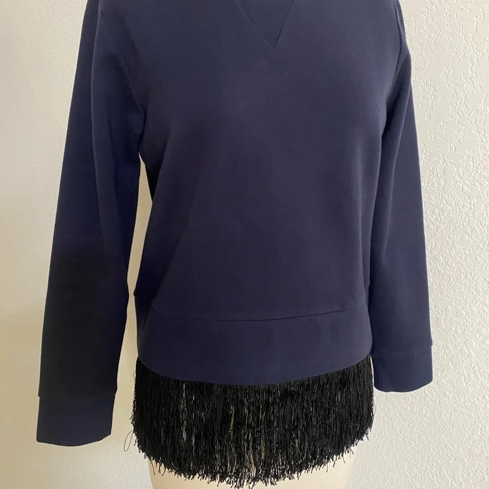 J Crew Navy‎ Blue Sweatshirt Women’s  Crew Neck With Fringes Details Size XS